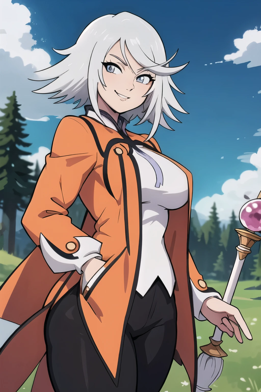 masterpiece, best quality, rainesage, orange coat, white shirt, black pants, cowboy shot, medium breasts, looking at viewer, holding staff, holding, staff, smile, forest, sky, clouds dynamic pose, smug smile, smug look, defined curves, thick thighs, open stance, 