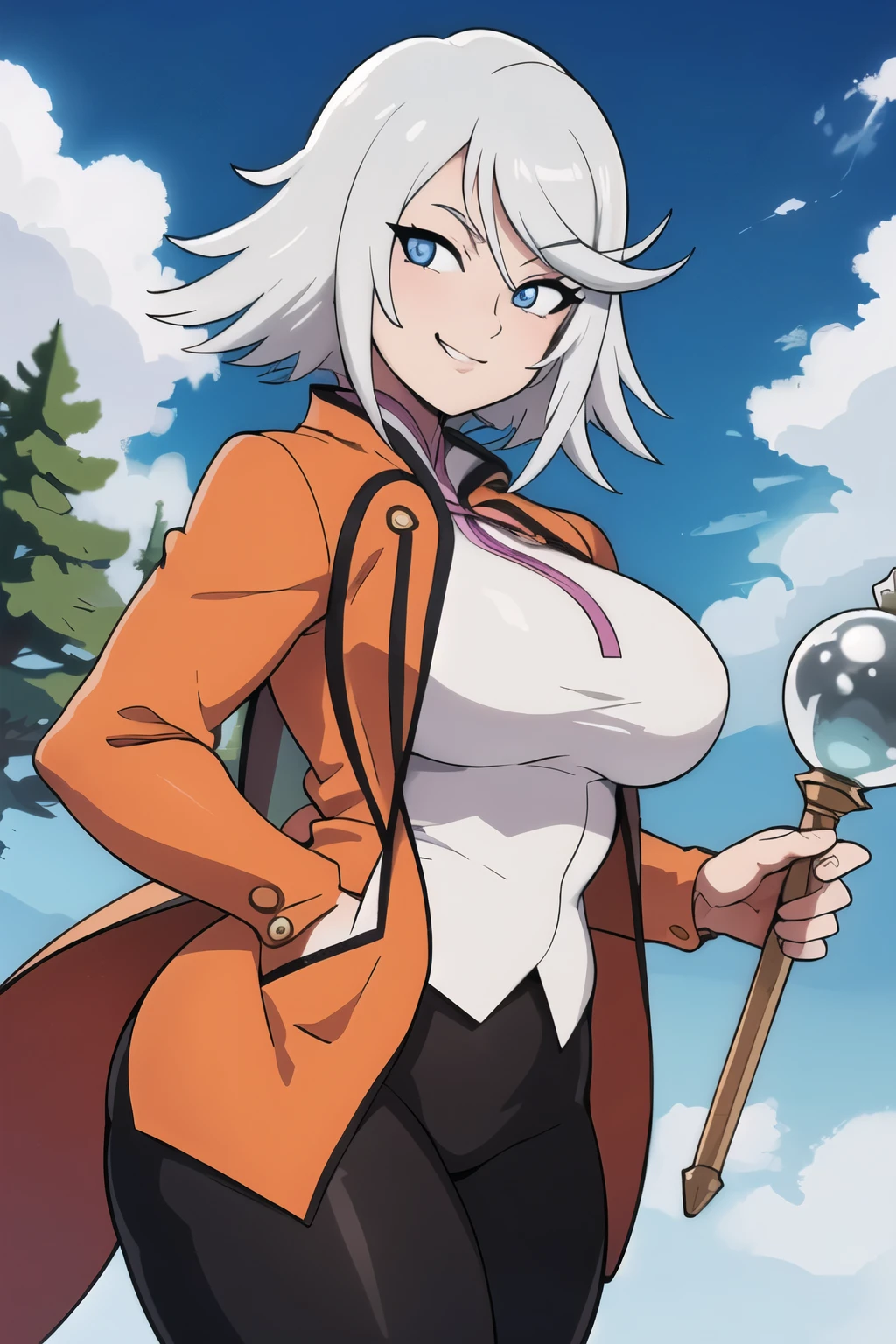 masterpiece, best quality, rainesage, orange coat, white shirt, black pants, cowboy shot, medium-large breasts, looking at viewer, holding staff, holding, staff, smile, forest, sky, clouds dynamic pose, smug smile, smug look, defined curves, thick thighs, sultry pose, sultry look, correct eyes, correct hands, 