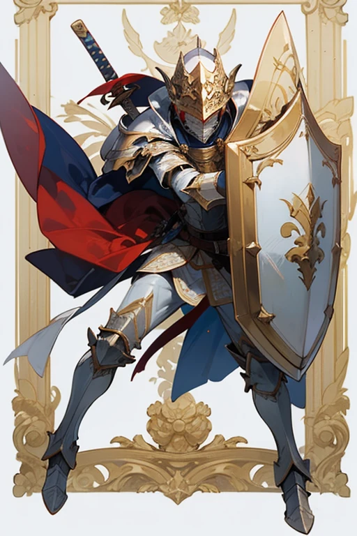 ((highest quality)), ((masterpiece)), (Familiar), One man,Fantasy,Paladin,White Knight,Full Body Armor,Full-face helmet,White Armor,大sword,White Armor,Golden decoration,Red pattern,sword,Cape,shield
