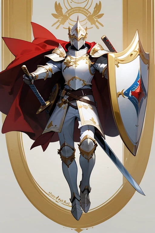 ((highest quality)), ((masterpiece)), (Familiar), One man,Fantasy,Paladin,White Knight,Full Body Armor,Full-face helmet,White Armor,大sword,White Armor,Golden decoration,Red pattern,sword,Cape,shield