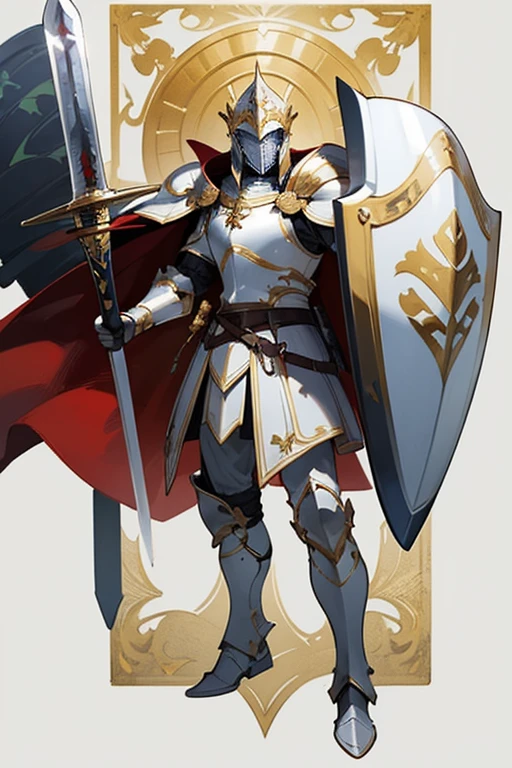 ((highest quality)), ((masterpiece)), (Familiar), One man,Fantasy,Paladin,White Knight,Full Body Armor,Full-face helmet,White Armor,大sword,White Armor,Golden decoration,Red pattern,sword,Cape,shield
