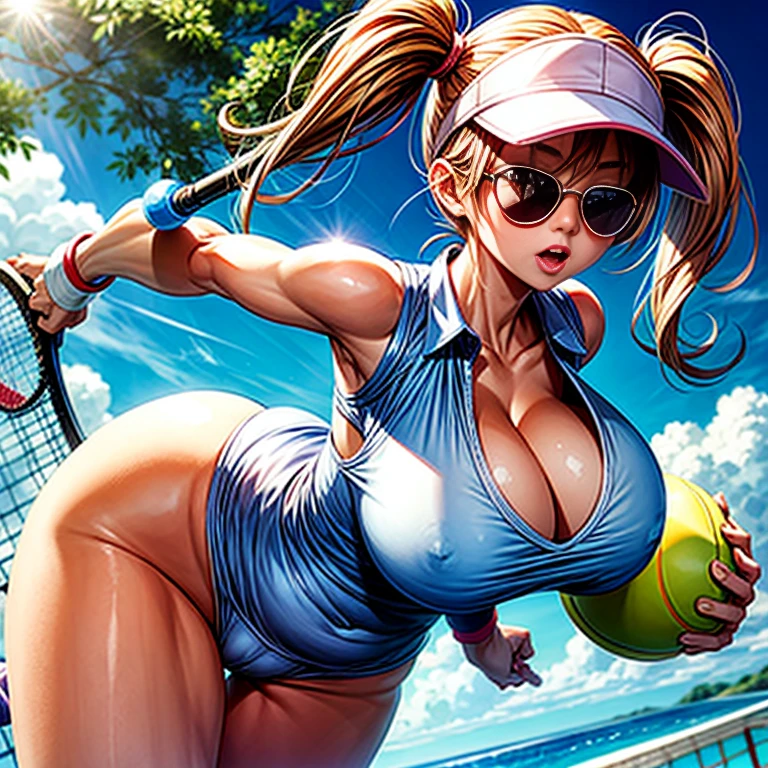 Hot anime girl playing tennis、Camel Toe、Giant tit、Nipple Puffs、Cleavage、Plump、Super big breasts、Super big butt、save、sunglasses、Sun visor