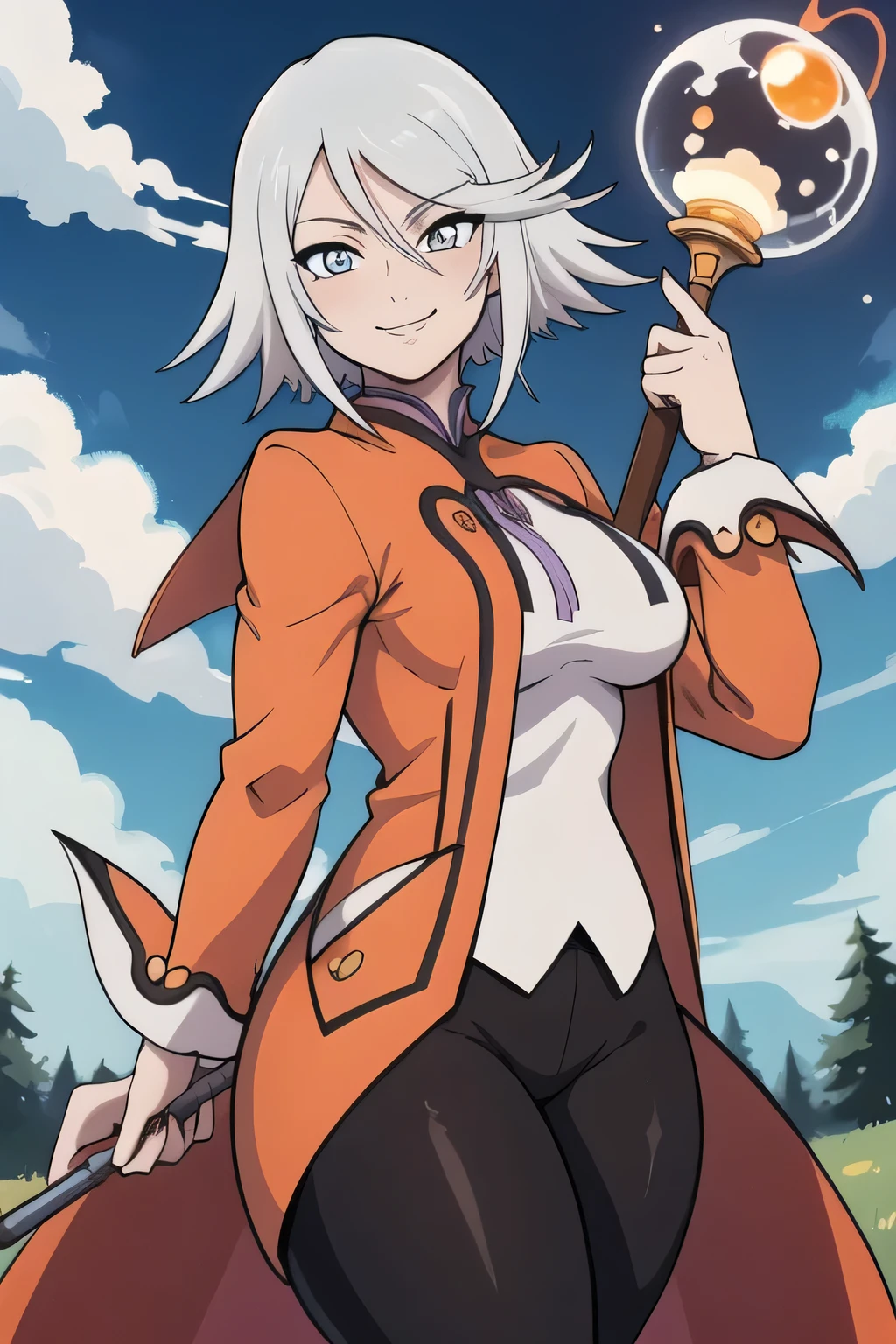 masterpiece, best quality, rainesage, orange coat, white shirt, black pants, cowboy shot, medium breasts, looking at viewer, holding staff, holding, staff, smile, forest, sky, clouds dynamic pose, smug smile, smug look, thick thighs, defined curves, magic, magic in hand, beckoning, beckoning pose