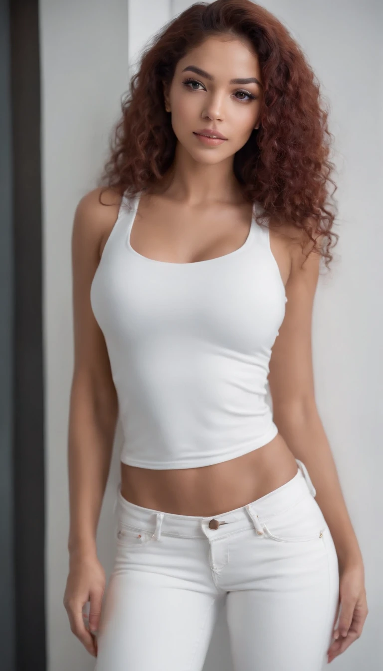 Sexy 19 year old Mexican black girl with super tight white jeans, highlighting her pelvis, a super tight tank top, boots for the cold, in a hotel room, full body camera, deep red curly hair, honey colored eyes, ragged legs, legs thick and shapely, big and tight buttocks, small breasts, high definition street photography