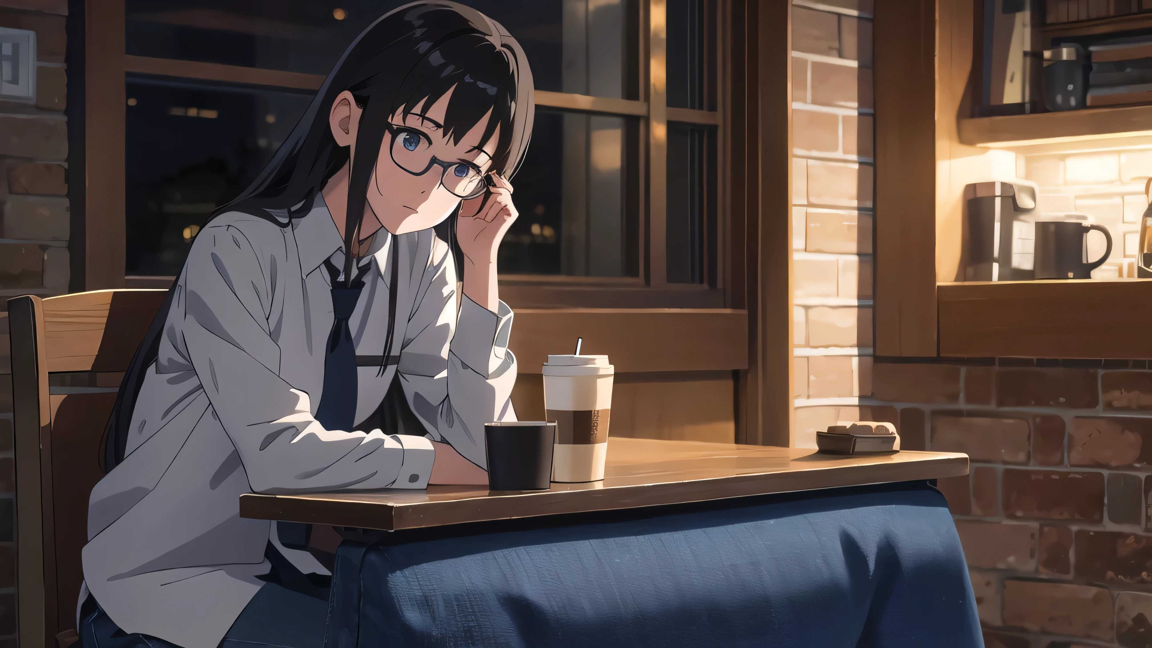 Ghibli, anime,Night view, A 20-year-old with a gentle face, wearing a dress shirt and a tie, sitting on a denim chair and drinking coffee alone, a girl wearing glasses, listening to music happily while drinking coffee, long hair, high-resolution,,