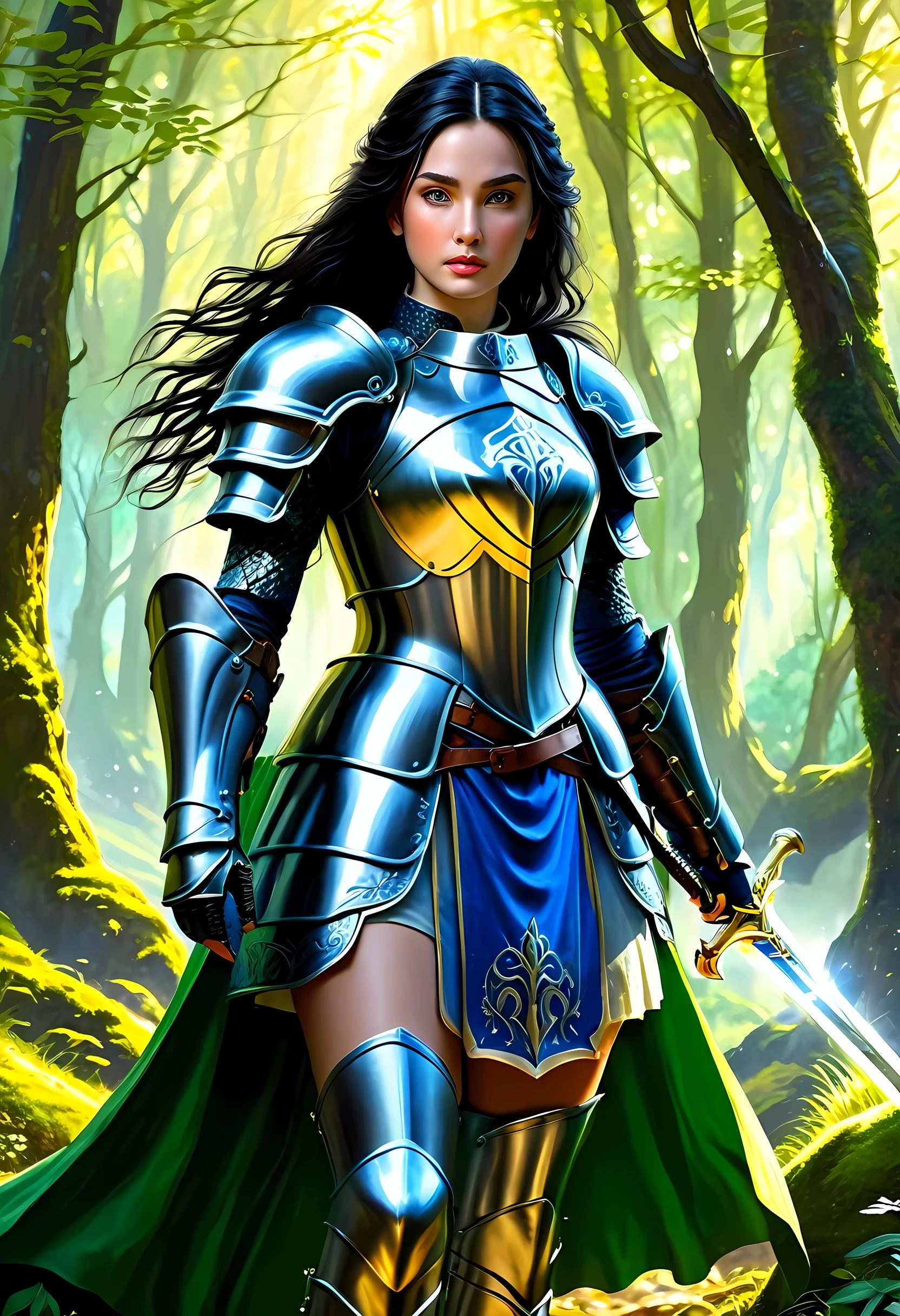 a picture of woman paladin of nature protecting the forest, a woman knight, black hair, long hair, full body (best details, Masterpiece, best quality :1.5), ultra detailed face (best details, Masterpiece, best quality :1.5), ultra feminine (best details, Masterpiece, best quality :1.5), (black hair: 1.2), long hair, braided hair, pale skin, (deep blue: 1.2) eyes, intense eyes, wearying heavy armor, (white armor: 1.2)  (best details, Masterpiece, best quality :1.5), (green cloak: 1.2) , armed with a sword, glowing sword GlowingRunes_yellow, fantasy forest background, D&D art, RPG art, magical atmosphere magic-fantasy-forest, ultra best realistic, best details, best quality, 16k, [ultra detailed], masterpiece, best quality, (extremely detailed), ultra wide shot, photorealism, depth of field, hyper realistic painting, ArmoredDress