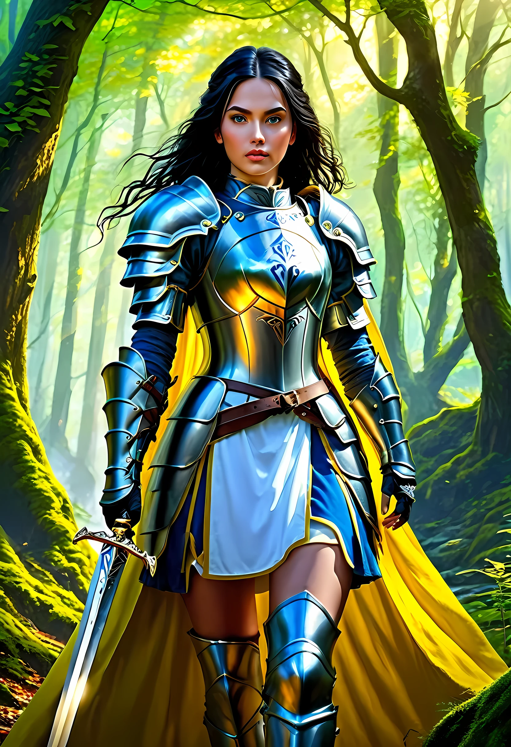 a picture of woman paladin of nature protecting the forest, a woman knight, black hair, long hair, full body (best details, Masterpiece, best quality :1.5), ultra detailed face (best details, Masterpiece, best quality :1.5), ultra feminine (best details, Masterpiece, best quality :1.5), (black hair: 1.2), long hair, braided hair, pale skin, (deep blue: 1.2) eyes, intense eyes, wearying heavy armor, (white armor: 1.2)  (best details, Masterpiece, best quality :1.5), (green cloak: 1.2) , armed with a sword, glowing sword GlowingRunes_yellow, fantasy forest background, D&D art, RPG art, magical atmosphere magic-fantasy-forest, ultra best realistic, best details, best quality, 16k, [ultra detailed], masterpiece, best quality, (extremely detailed), ultra wide shot, photorealism, depth of field, hyper realistic painting, ArmoredDress