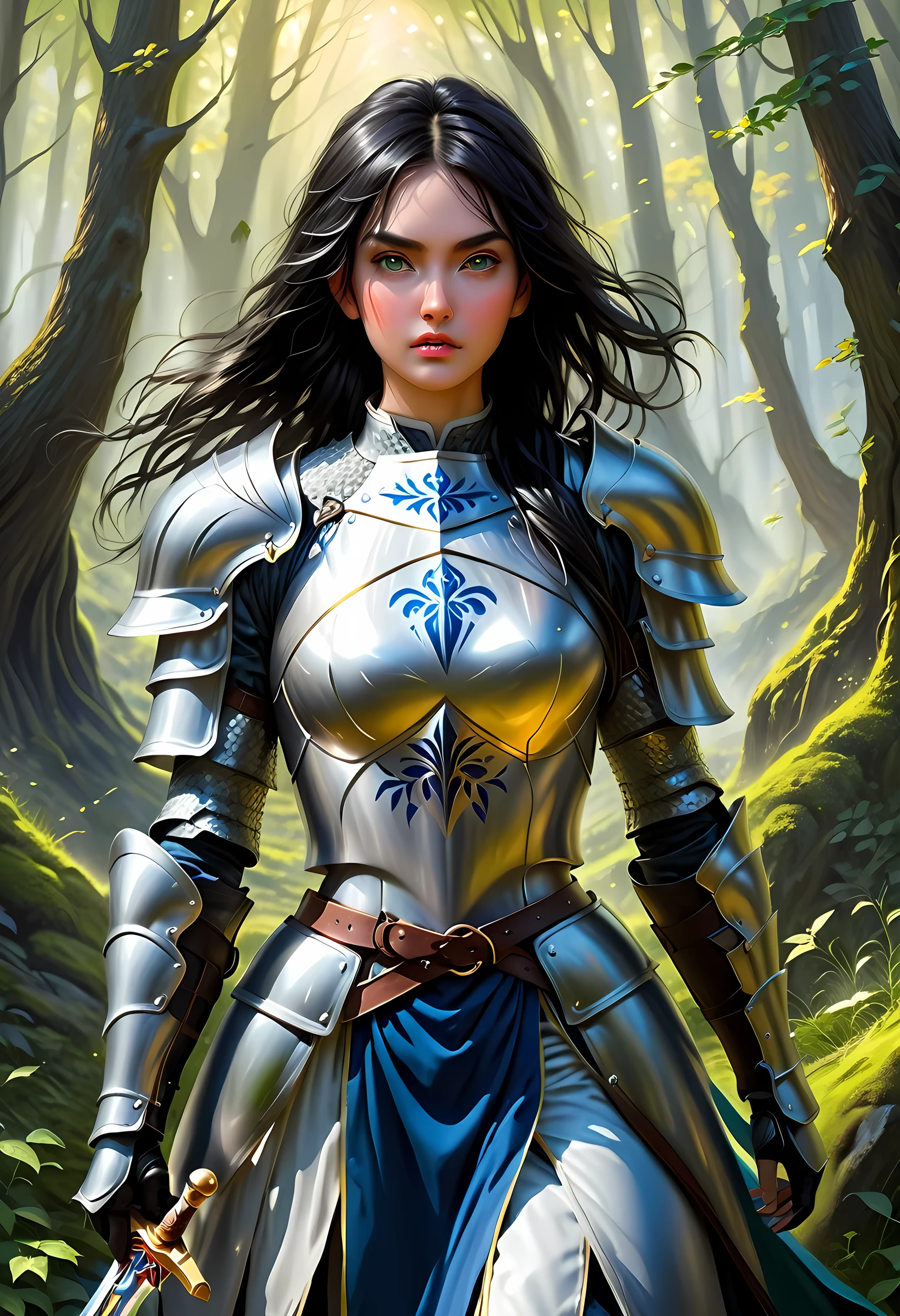 a picture of woman paladin of nature protecting the forest, a woman knight, black hair, long hair, full body (best details, Masterpiece, best quality :1.5), ultra detailed face (best details, Masterpiece, best quality :1.5), ultra feminine (best details, Masterpiece, best quality :1.5), (black hair: 1.2), long hair, braided hair, pale skin, (deep blue: 1.2) eyes, intense eyes, wearying heavy armor, (white armor: 1.2)  (best details, Masterpiece, best quality :1.5), (green cloak: 1.2) , armed with a sword, glowing sword GlowingRunes_yellow, fantasy forest background, D&D art, RPG art, magical atmosphere magic-fantasy-forest, ultra best realistic, best details, best quality, 16k, [ultra detailed], masterpiece, best quality, (extremely detailed), ultra wide shot, photorealism, depth of field, hyper realistic painting, ArmoredDress