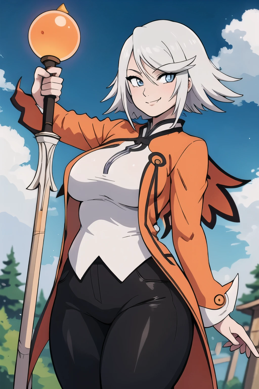 masterpiece, best quality, rainesage, orange coat, white shirt, black pants, cowboy shot, medium-large breasts, looking at viewer, holding staff, holding, staff, smile, forest, sky, clouds dynamic pose, smug smile, smug look, defined curves, thick thighs, sultry pose, sultry look, correct eyes, correct hands, 