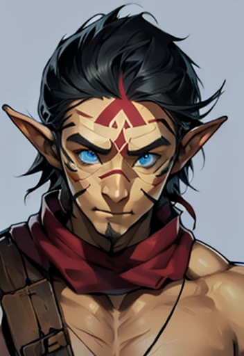 Concept ART, Human Male Young ager , pointer Elf ears,((face tribal markings)) , blue pupils  ,Black hair , red Torn Scarf ,(( arms Bandage)) ,Ancient dark magic , ((Handsome old face )) ,