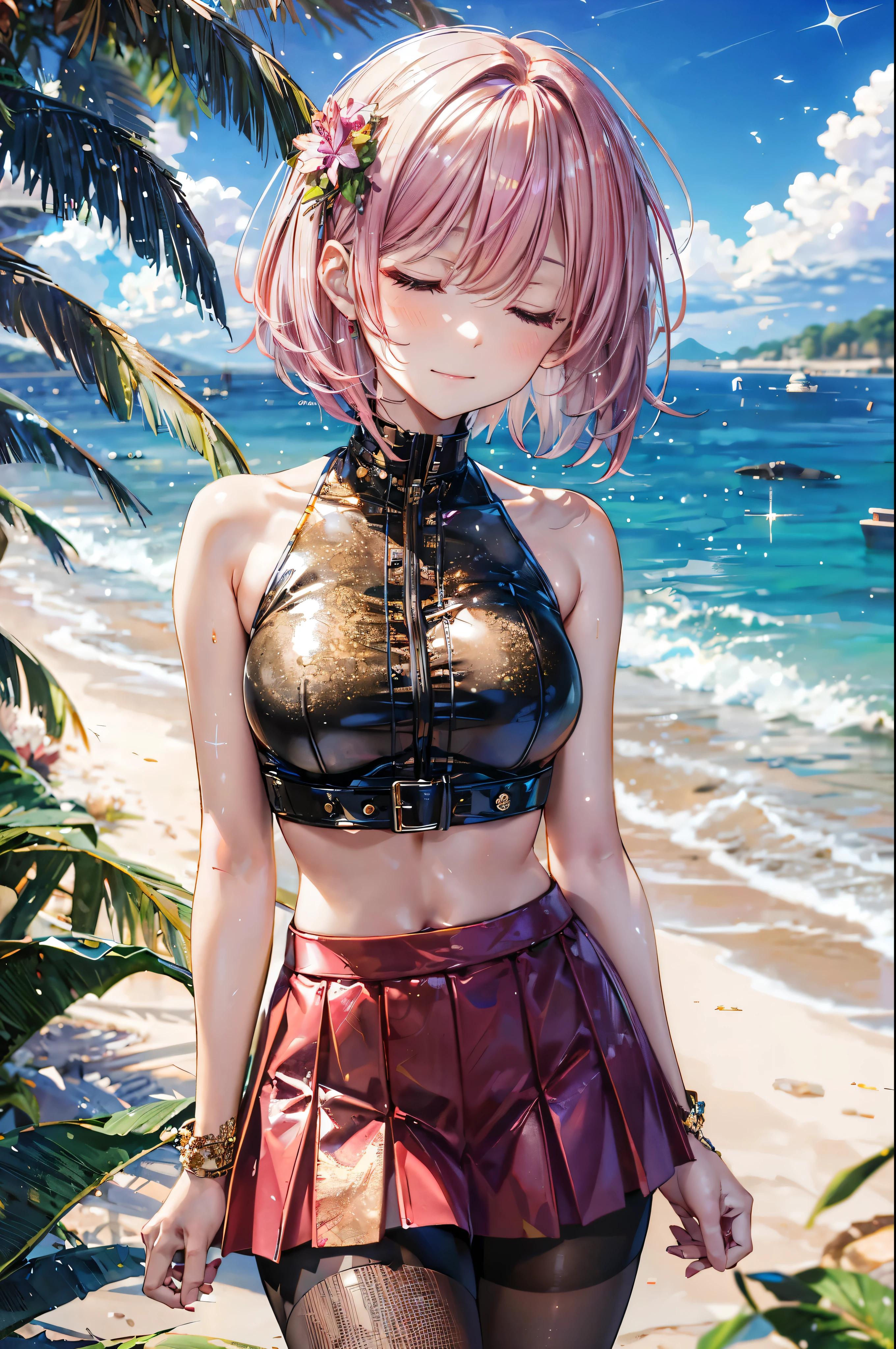 ((golden vietnamese dress)), 4 defined fingers, 1 defined thumb, looking at viewer, solo, 1 woman, 25 years old, AI generated, highest quality, masterpiece, skindentation, perfect face, 8k , cowboy shot, short hair, break, ((((pink hair1.5)))), break, bob cut, black eye, smile, thin thighs, medium breasts, perfect limbs, sexy, (visible nipples:0.8), (camel toe:0.5), pantyhose, ((bright seaside)), ((metallic costume)), ((arm at side)), ((kneeling)), Deep in the forest,