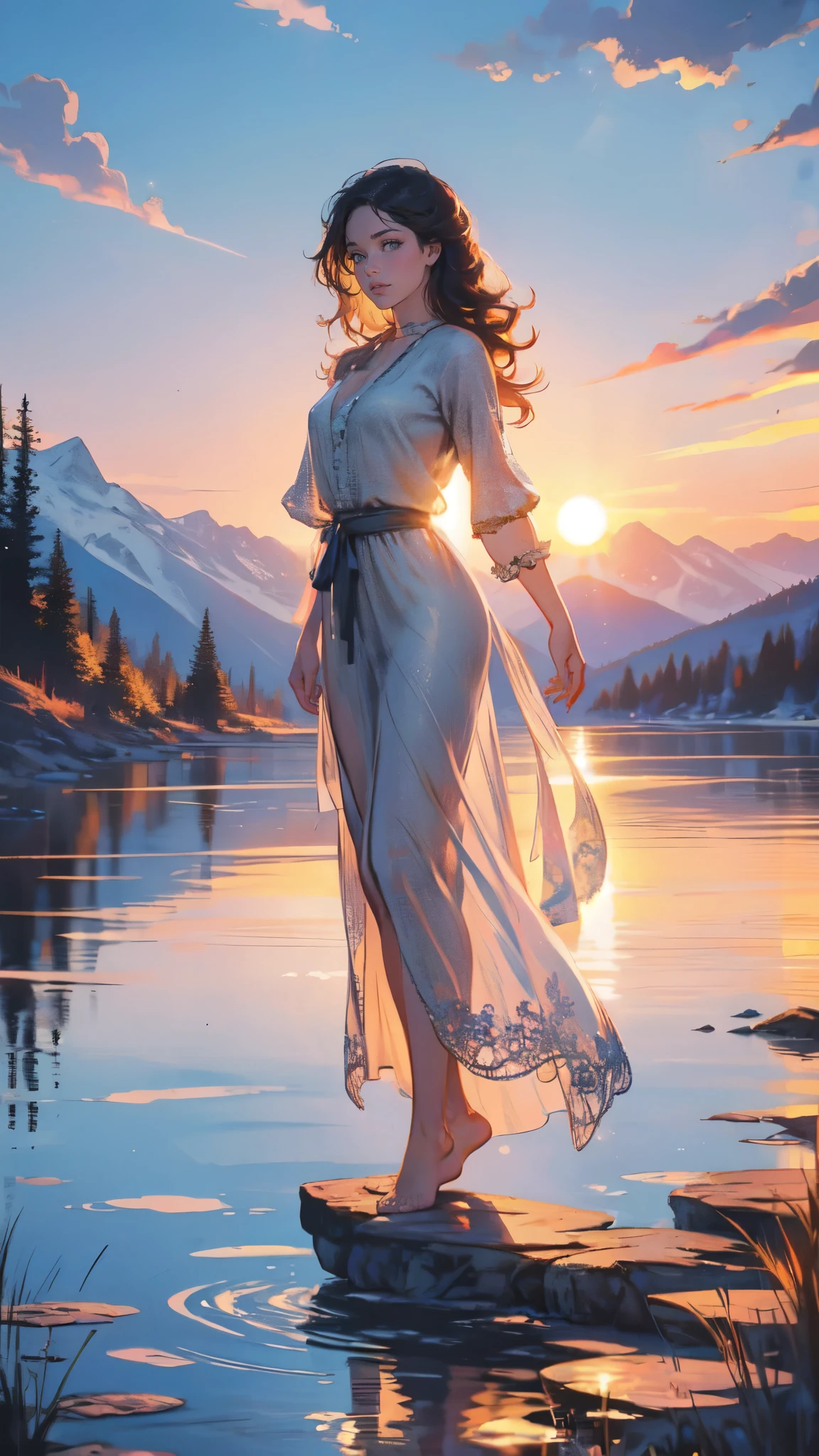 1 girl, happy expression, charming eyes, straight long hair, flowing skirt, big, looking at the sun, calm posture, porcelain-like skin, subtle blush, crystal pendant BREAK Golden Hour, (edge lighting): 1.2, cool colors, sun flare, soft shadows, bright colors, painting effects, fantastic atmosphere BREAK Scenic lakes, distant mountains, pine trees, mountain tops, reflections, sunlit clouds, tranquil atmosphere, idyllic sunrise, Ultra detailed, official art, unified 8k wallpapers, zentangle, mandala