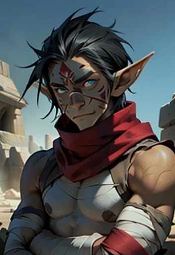 Concept ART, Human Male r , pointer Elf ears,((tribal markings)) , blue pupils  ,Black hair , red Torn Scarf ,(( arms Bandage)) ,Ancient dark magic , ((Handsome old face )) , 