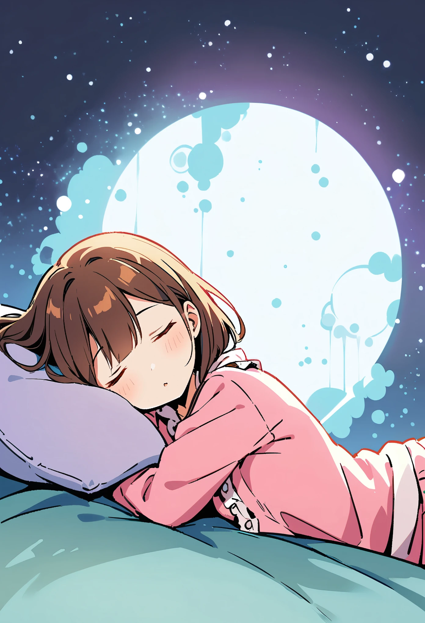 sleeping girl, 22 years old, Practical, She is wearing trousers, She is wearing pink pajamas, Brown hair.