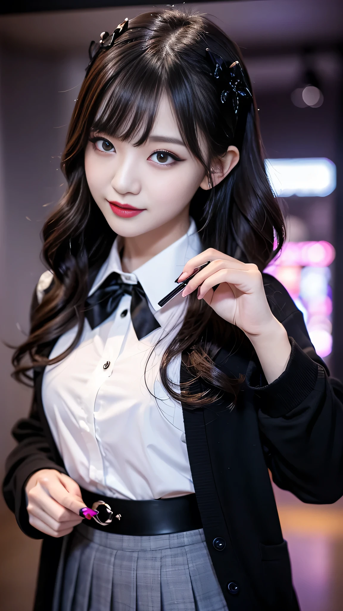 best quality、ultra-detailed、4k、Japanese、Seductive beauty、seductive adult woman、Pretty Woman、cool girl、Villainess、Brainwashed、brainwash、Fallen into evil、smirk、Evil look、Wicked Smile、evil、Brown hair、wavy hair、swept bangs、dark makeup、dark makeup、piercing eyes、hollow eyes,half-closed eyes、Hollow Eyes、purple Eyeshadow、black lipstick、black lipglos、student、uniform、Black cardigan、White Shirt、Black Ribbon、flare skirt、pantyhose、night、inside darkroom、Applying lipstick、Emblem of Evil、Crest of Darkness、Swear allegiance、I have pledged my allegiance、Dye black、Blackening、Stained with evil、Dyed in darkness、Seduce