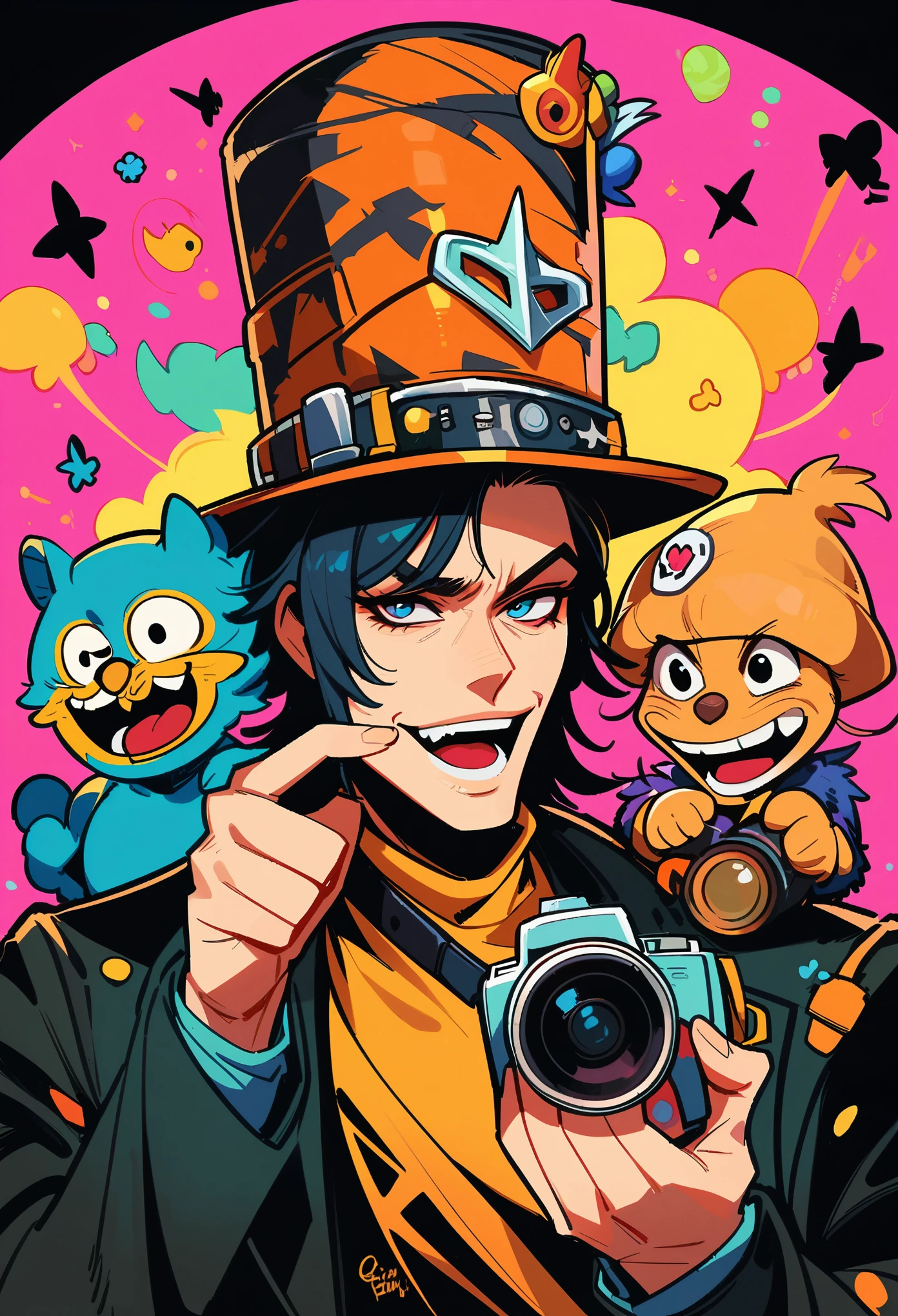 Close-up of a man wearing a top hat, john picacio and brom, Willem Dafoe as Scarecrow, Best behance, GoingInsane, Josan Gonzalez and Taylor Edlin, author：Jack Davis,, role conception, ember, bright and bold colors, Macro lens, Dark Fantasy, Decorative punk, Movie, DSLR camera, Bokeh, American Horror Story, yokel