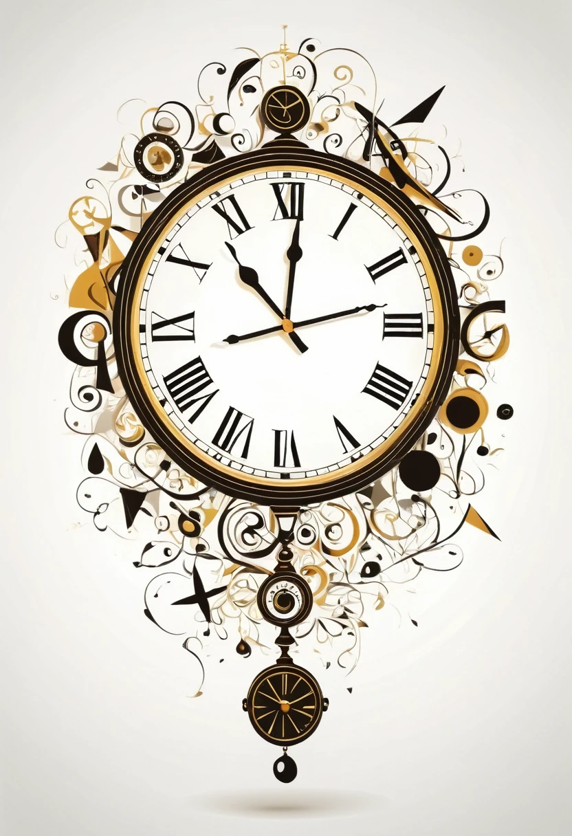 An antique clock floating in the air between abstract or Picasso style symbols 