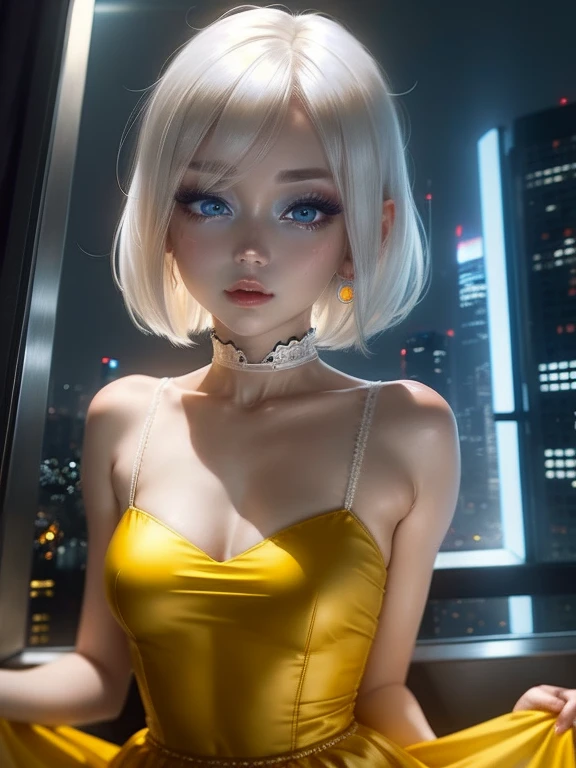 One Woman、Yellow dress、White Hair、((blue eyes))、Captivating eyes、Night view