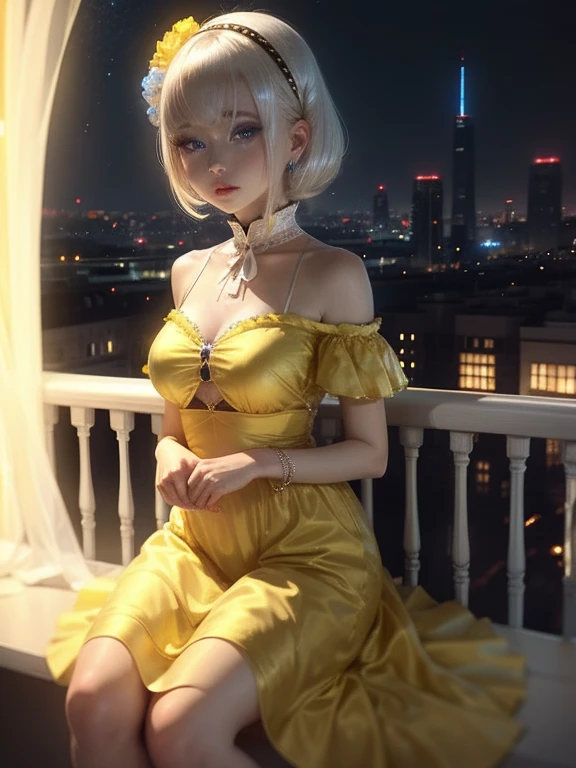 One Woman、Yellow dress、White Hair、((blue eyes))、Captivating eyes、Night view