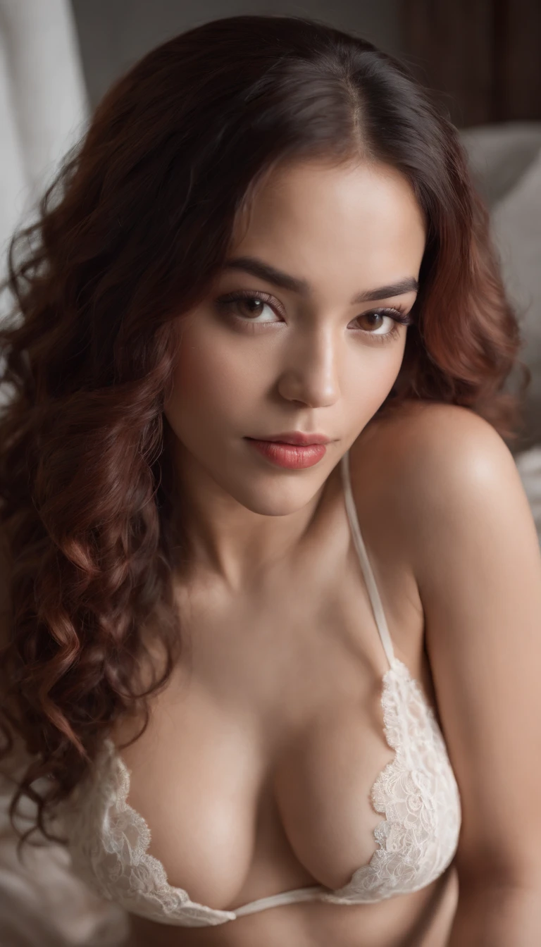 Sexy 19-year-old Mexican black girl with melon-colored lace lingerie, highlighting her pelvis, low-cut bra, in bed, full-length camera, deep red curly hair, honey-colored eyes, almonds, thick and shapely legs, big, tight buttocks, small breasts, high definition street photography