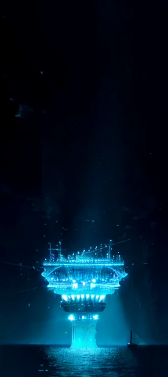 Ocean bottom illuminated with bright blue lights, impressive with someone swimming in the background