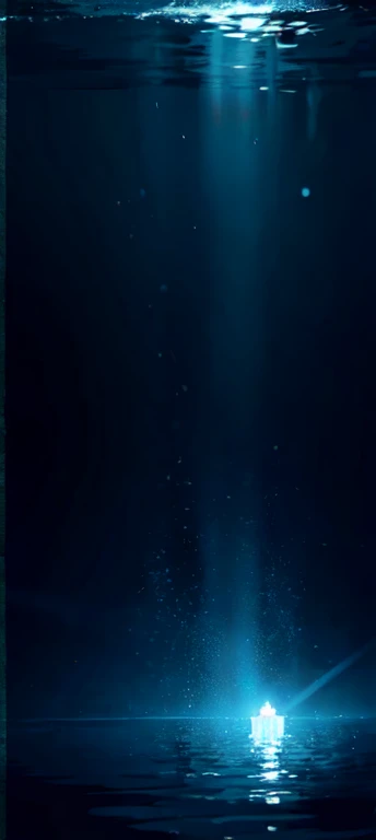 Ocean bottom illuminated with bright blue lights, impressive with someone swimming in the background