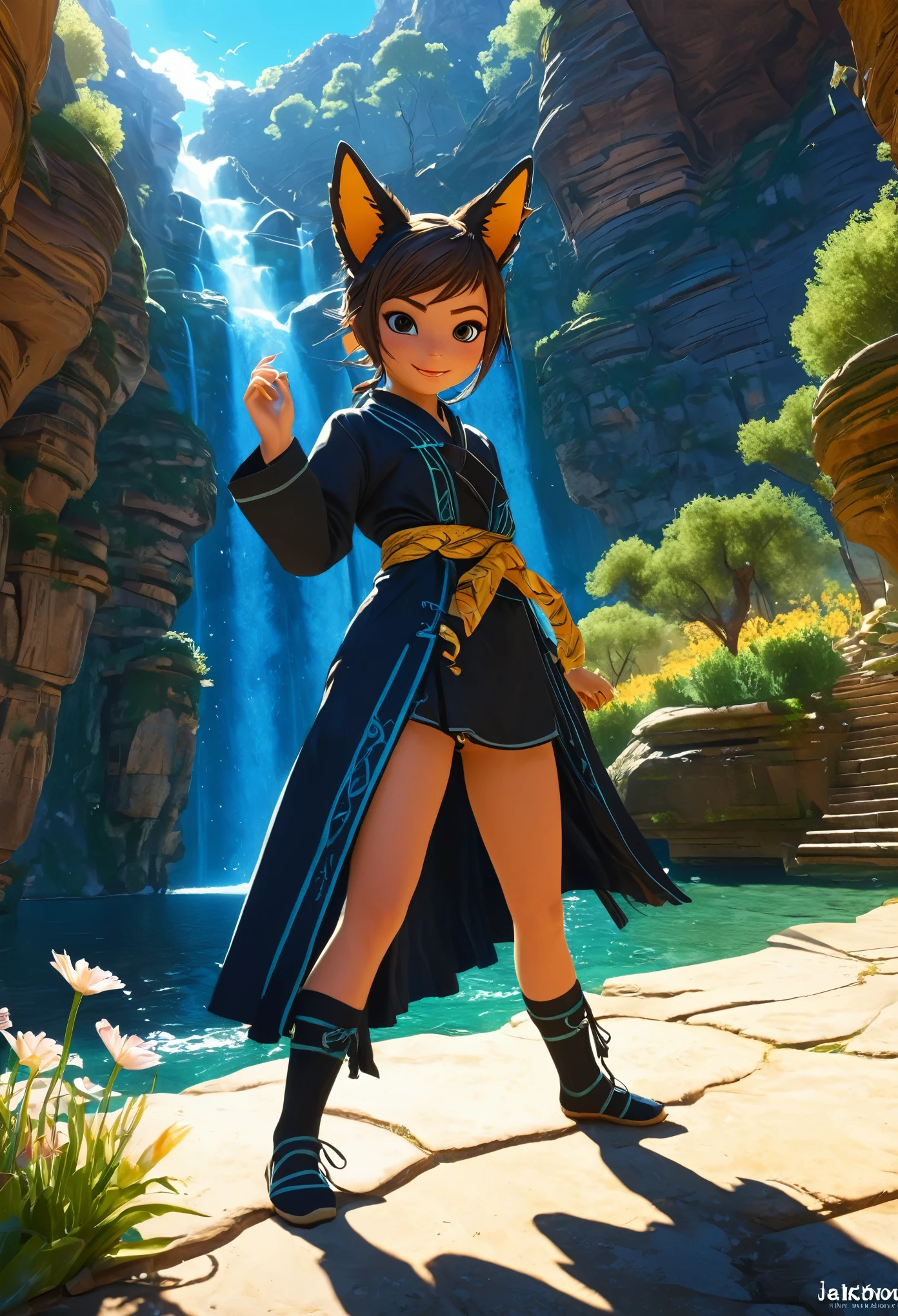 shiny skin, solo, ninja, dog ears, scared, french braid, sunburst, overcoat, frilled socks, jackal tail, leg lock, stretch, canyon, Dalle de verre, (extremely detailed CG unity 8k wallpaper),(((masterpiece))), (((best quality))), ((ultra-detailed)), (best illustration),(best shadow), ((an extremely delicate and beautiful)),dynamic angle,floating, fairyland,dynamic angle,sea of flowers,beautiful detailed garden,wind,classic,spring, (detailed light),feather, nature, (sunlight), river, forest,(((floating palace))),((the best building)),beautiful and delicate water,(painting),(sketch),(bloom),(shine)