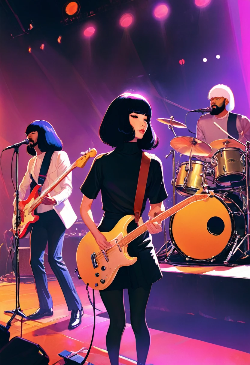 In Ilya Kuvshinov art style, depict the music band Khruangbin playing a show on stage. The band is composed of Mark Speer playing guitar, he's a white man with long black wig, Laura Lee playing bass she's white woman with long black wig, Donald Johnson playing drums on drum rack, he's a black bald man with beard.