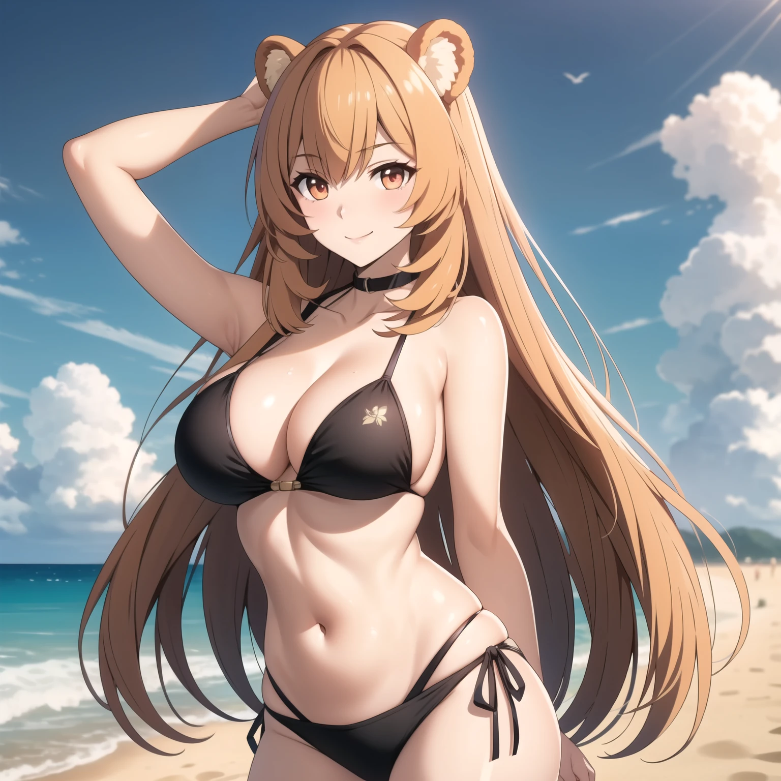 Raphtalia woman 24 years old orange blonde hair , orejas de oso, ojos rojos, pechos grandes, piel clara, bikini rosado, sonrisa, fondo una playa soleada. hands behind head. de pie en la arena.