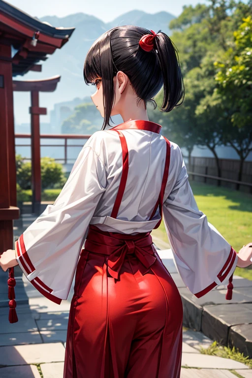 Boy with black hair shortcut remains No She is happily wearing a short-sleeved shrine maiden outfit and dancing in the Kagura hall. View from behind