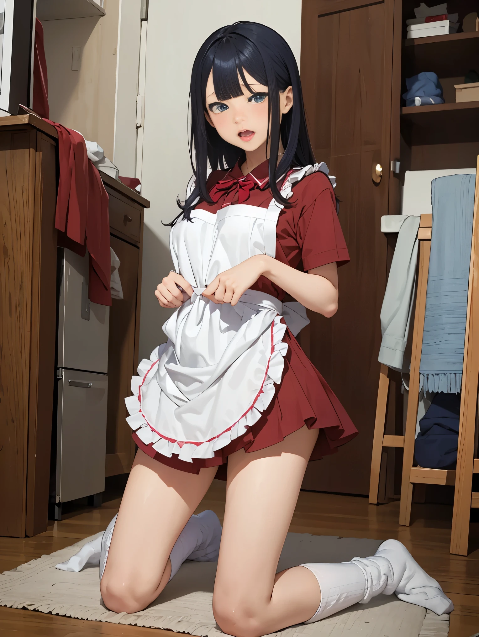 Akihabara、Red Light District、Japan、Maid、Underworld、Ruffled Apron、Are standing、Hair on one eye, Asymmetrical bangs,Portraits、loose socks、Gradient Color Hair、Tying up hair、Colorful Hair、squint、Messy Hair、Blunt bangs cut、Striped Hair、Messy Hair、Sloppy、squint、Drunk、( fool / Sexual Ecstasy)、highest quality, Realistic, Super delicate illustration, Beautiful and attractive anime girl, Slender body, Tied Hair, One Girl, Girl Photos, Full Body Shot, Beautiful Blue Eyes,