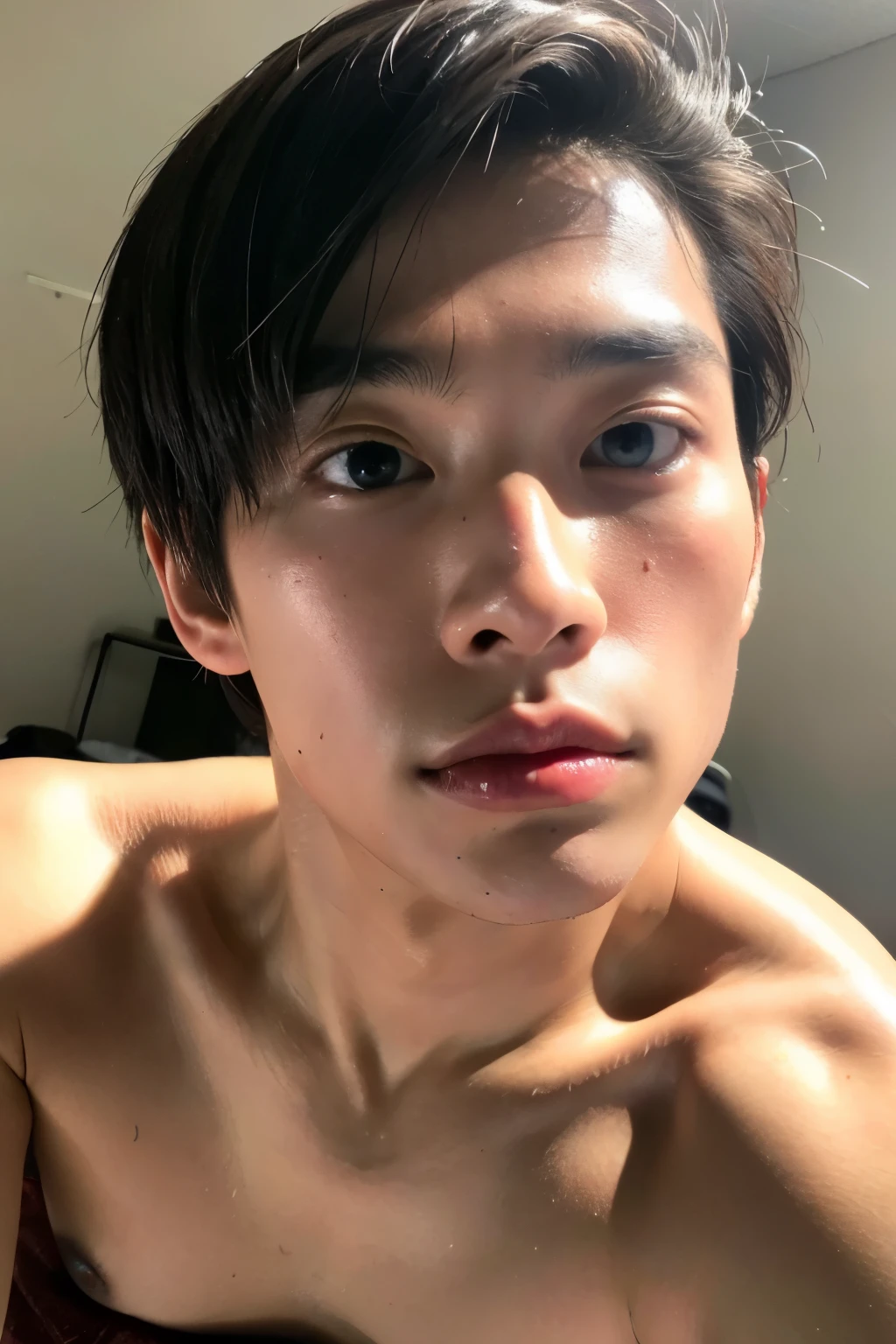 ((best quality)), (detailed), perfect face, HOMEM COREANO, SEM CAMISA, rosto bonito, PEITO MUSCULAR, volume na cueca, protuberance, grande, futurista, Corpo magro, rouco, magro, big nice protuberance, lindo ator coreano, poses sensuais, sensual, blushing red makeup, red lips, white pale skin,