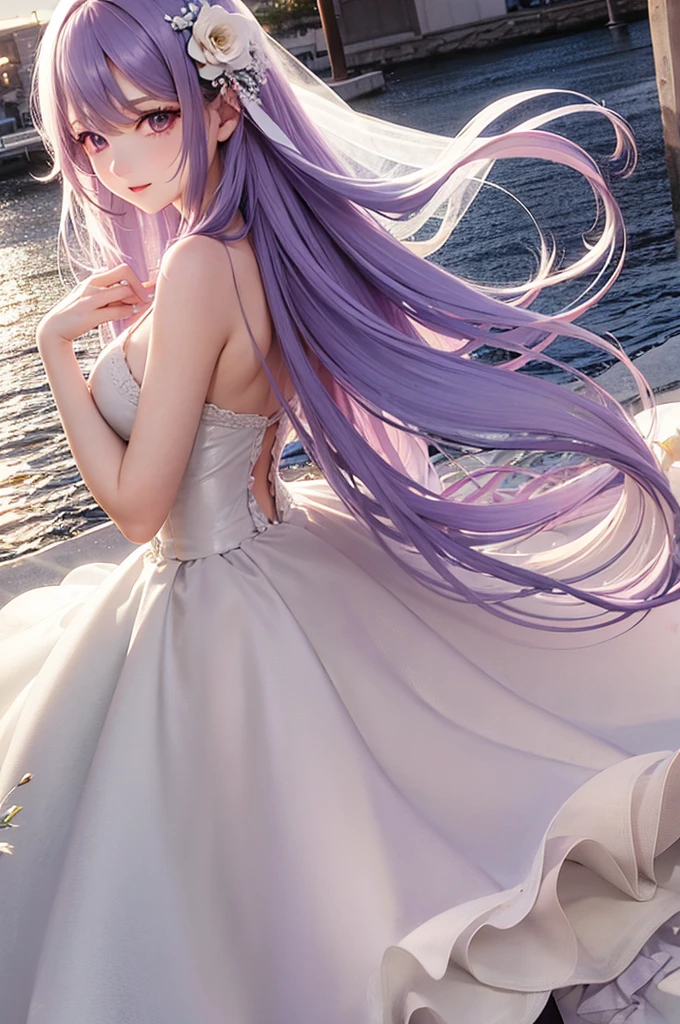 Pastel purple hair Wavy Long Hair Purple Eyes Beauty wedding White Dress flower Ocean