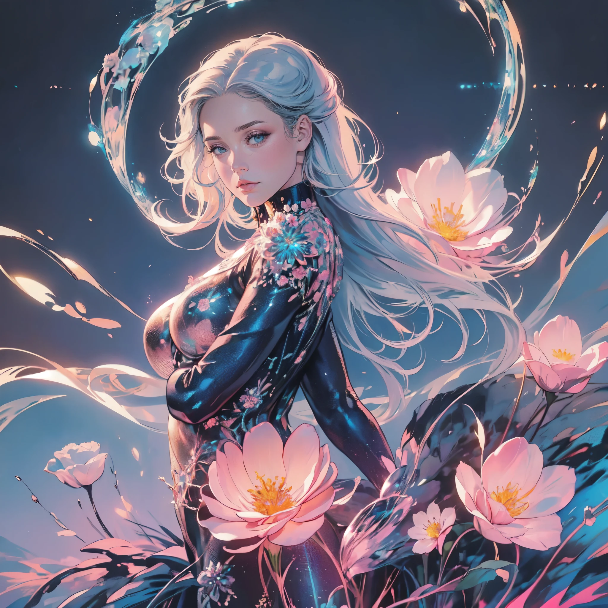 Beautiful lady , wonderful blue eyes, silver hair, pink lips, jacket cover her shoulderasterpiece, Top Quality, Best Quality, Official Art, Beautiful and Aesthetic: 1.2), (1 Flower), Upper Body, Extremely Detailed, (Fractal Art: 1.3), Colorful, Most Detailed, wearing jacket cover arms and shoulders 