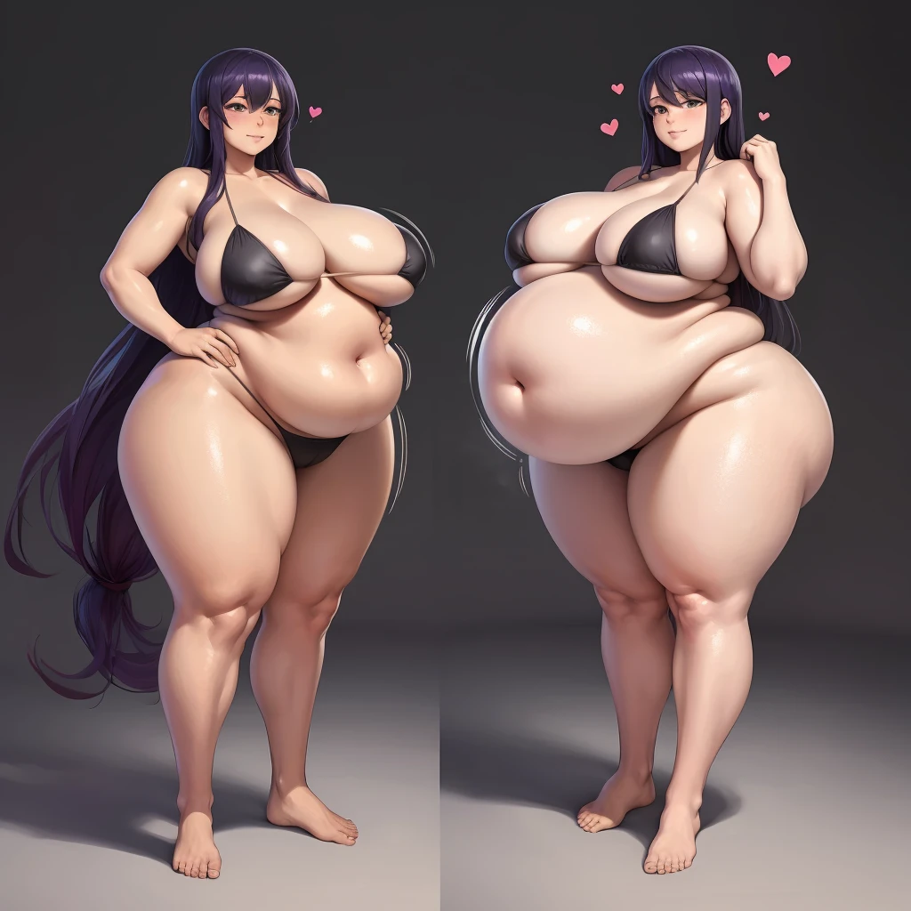 A young woman in a bikini, massive bloated overstuffed heavy protruding bulging belly, hyper massive fat tall wide round heart shaped bubble butt, wide fat hips, massive fat round breasts, deep long cleavage, so full it hurts, gurgling belly, sloshing belly, distended belly, churning belly