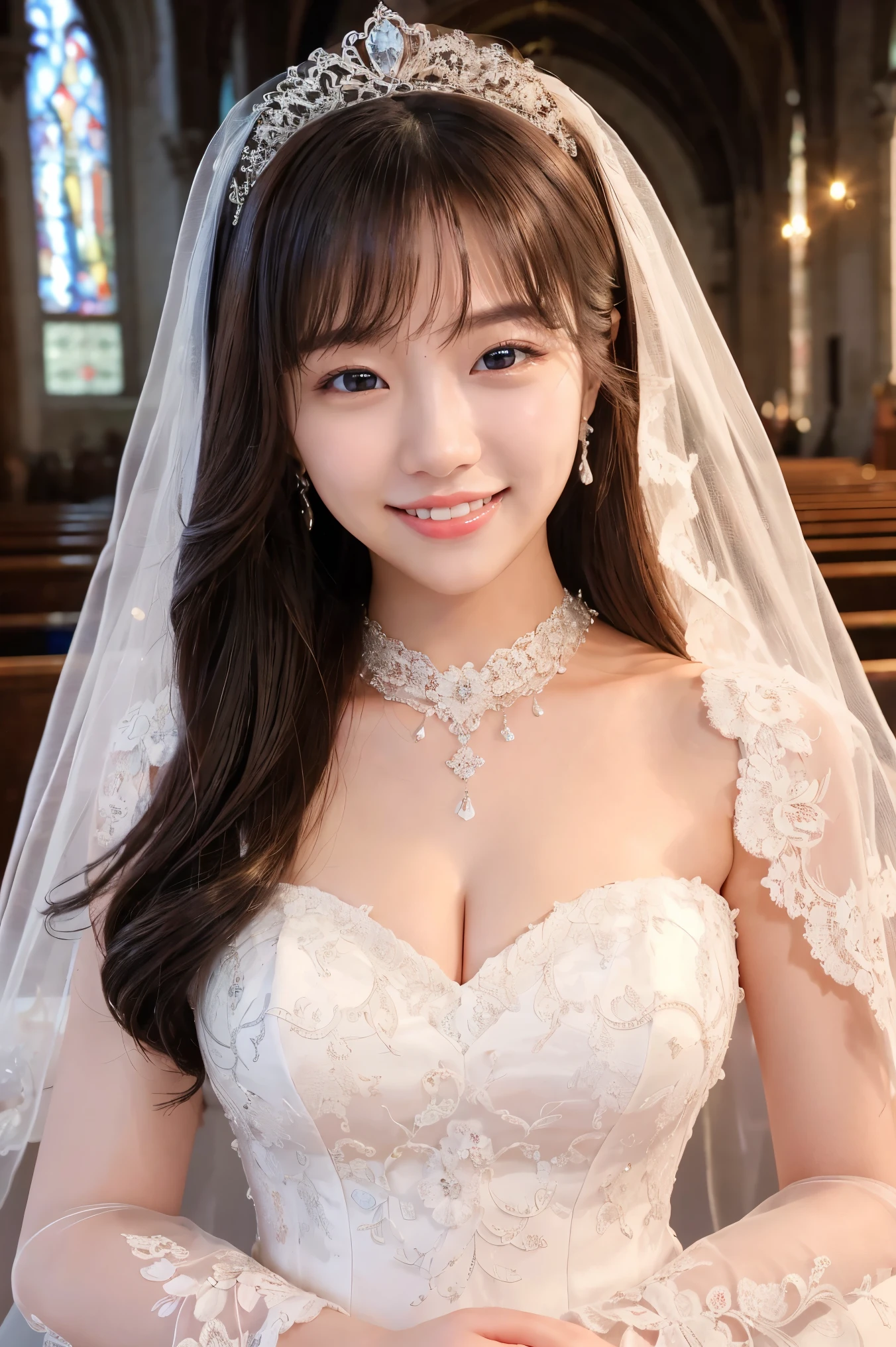 (highest quality、Tabletop、8k、Best image quality、Award-winning works)、One beautiful bride、(alone:1.1)、(The most extravagant and luxurious huge wedding dresses:1.1)、(Perfect Wedding Lace:1.2)、(The most luxurious and luxurious giant tiara:1.1)、(The most luxurious and luxurious giant necklace:1.1)、Look at me with your best smile、A large amount of the finest jewelry、Full Body Photo、Perfect Makeup、Long eyelashes、Ultra-high definition sparkling eyes、Ultra HD Hair、Ultra High Resolution Glossy Lips、Ultra High Resolution Perfect Teeth、Super high resolution beautiful face、(Accurate anatomy:1.1)、(Very bright and beautiful skin:1.2)、(very bright and vivid:1.2)、Short bridal hairstyle、A gorgeous and elegant church、Gorgeous beautiful church、Beautiful and elegant church、A gorgeous and luxurious church、(Strongly blurred background:1.1)、(The most romantic mood:1.1)