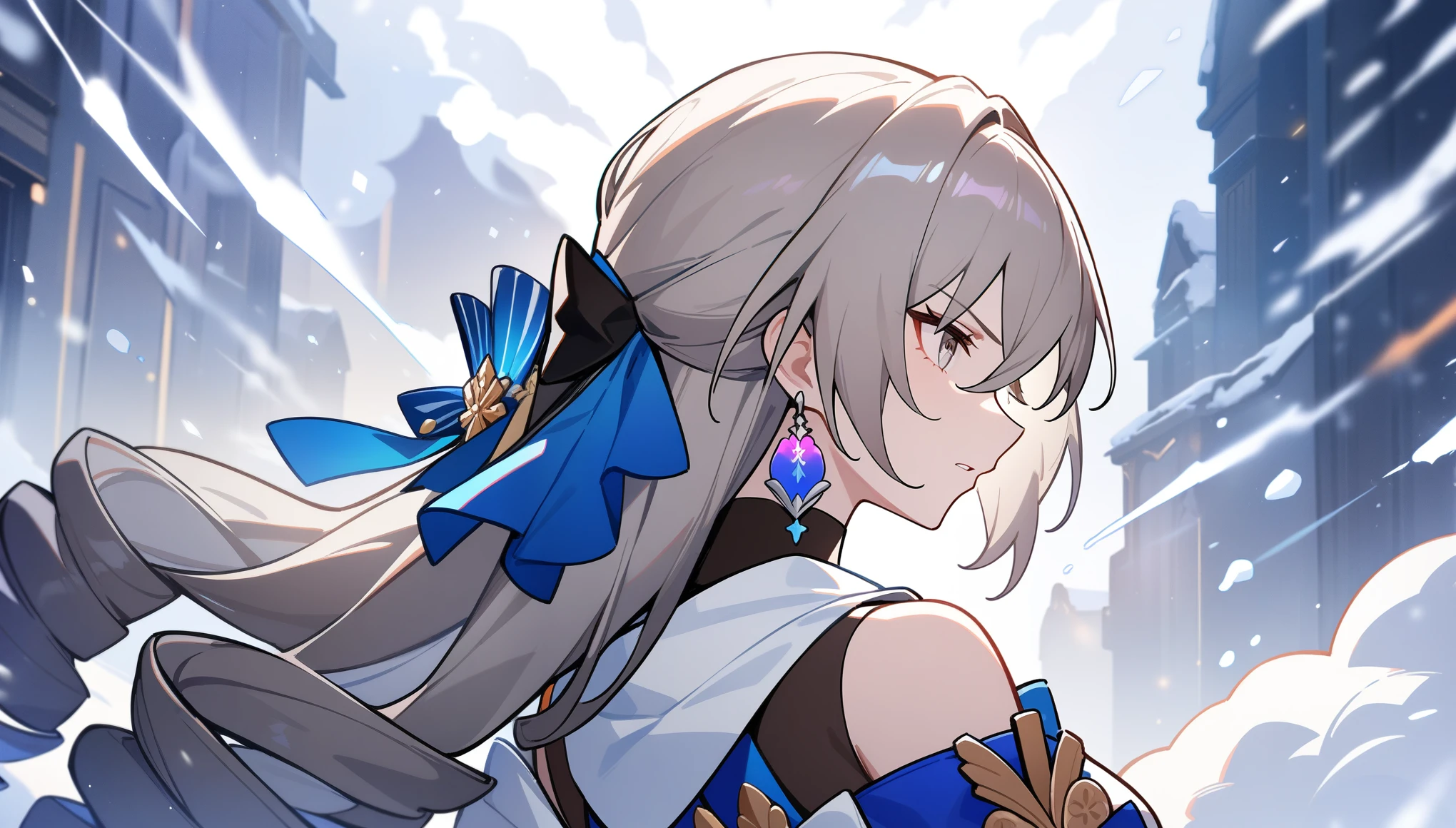 1girl, female focus, bronya, bronya rand, honkai star rail, masterpiece, best quality, close up, back turned, side profile, determined expression, blizzard, snowy background, absurdres, epic composition, centered, masterpiece, clean lineart, clean anime outlines, best quality, high quality, high details, super detail, anatomically correct, best quality, ultra-detailed, colorful, dynamic lighting, HD, 