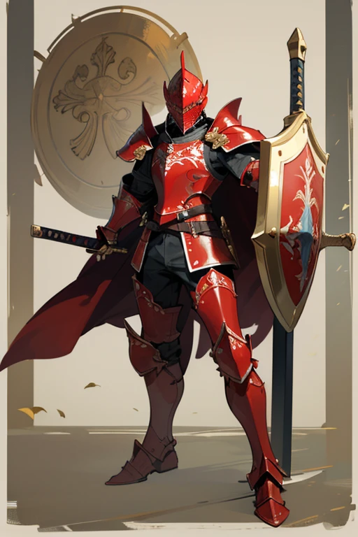 ((highest quality)), ((masterpiece)), (Familiar), One man,Fantasy,Red Knight,Full Body Armor,Full-face helmet,Red Armor,大sword,Red Armor,Golden decoration,White pattern,sword,Cape,shield