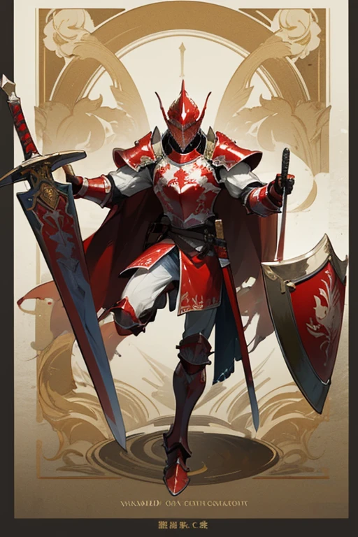 ((highest quality)), ((masterpiece)), (Familiar), One man,Fantasy,Red Knight,Full Body Armor,Full-face helmet,Red Armor,大sword,Red Armor,Golden decoration,White pattern,sword,Cape,shield
