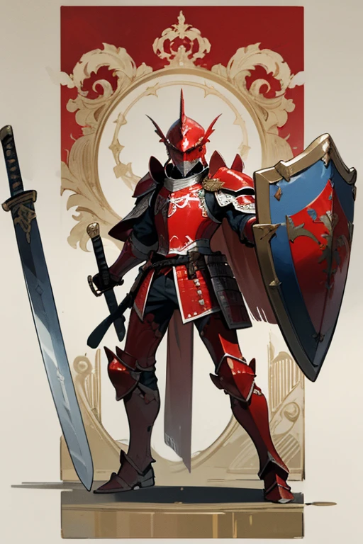 ((highest quality)), ((masterpiece)), (Familiar), One man,Fantasy,Red Knight,Full Body Armor,Full-face helmet,Red Armor,大sword,Red Armor,Golden decoration,White pattern,sword,Cape,shield