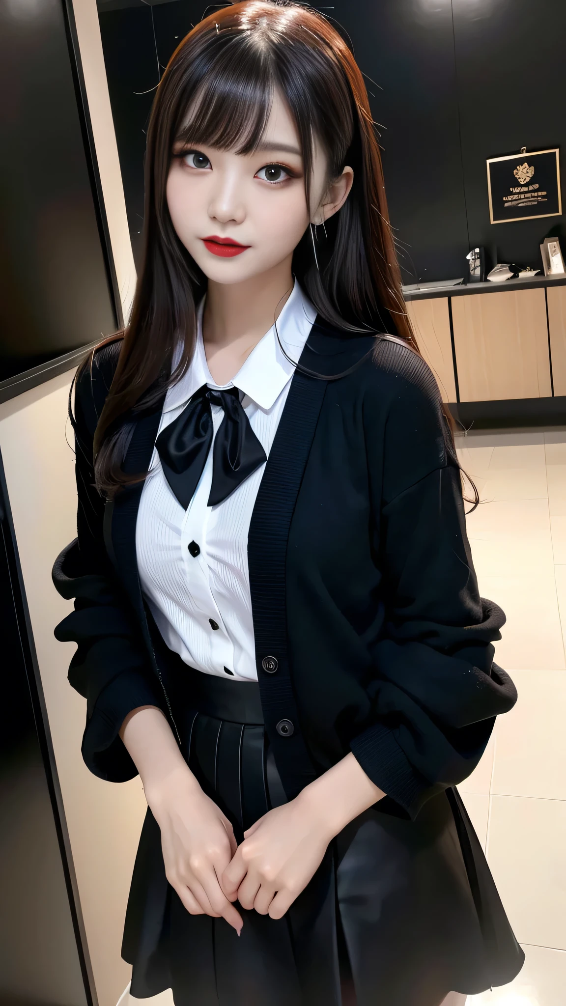 best quality、ultra-detailed、4k、Japanese、Seductive beauty、seductive adult woman、Pretty Woman、cool girl、Villainess、Brainwashed、brainwash、Fallen into evil、smirk、Evil look、Wicked Smile、evil、Brown hair、wavy hair、swept bangs、dark makeup、dark makeup、piercing eyes、hollow eyes,half-closed eyes、Hollow Eyes、purple Eyeshadow、black lipstick、black lipglos、student、uniform、Black cardigan、White Shirt、Black Ribbon、flare skirt、pantyhose、night、inside darkroom、Applying lipstick、Emblem of Evil、Crest of Darkness、Swear allegiance、I have pledged my allegiance、Dye black、Blackening、Stained with evil、Dyed in darkness、Seduce