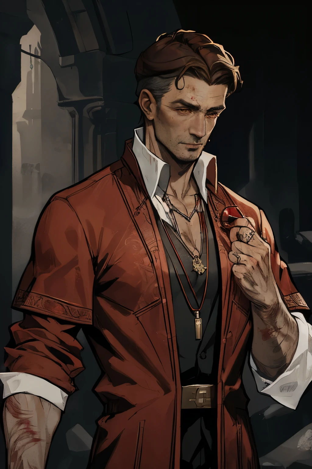 elegant man, in his 50s, mature, (brown hair, gray temples), warlock, (red amulet, blood on the amulet), intricate details of clothing, fantasy style