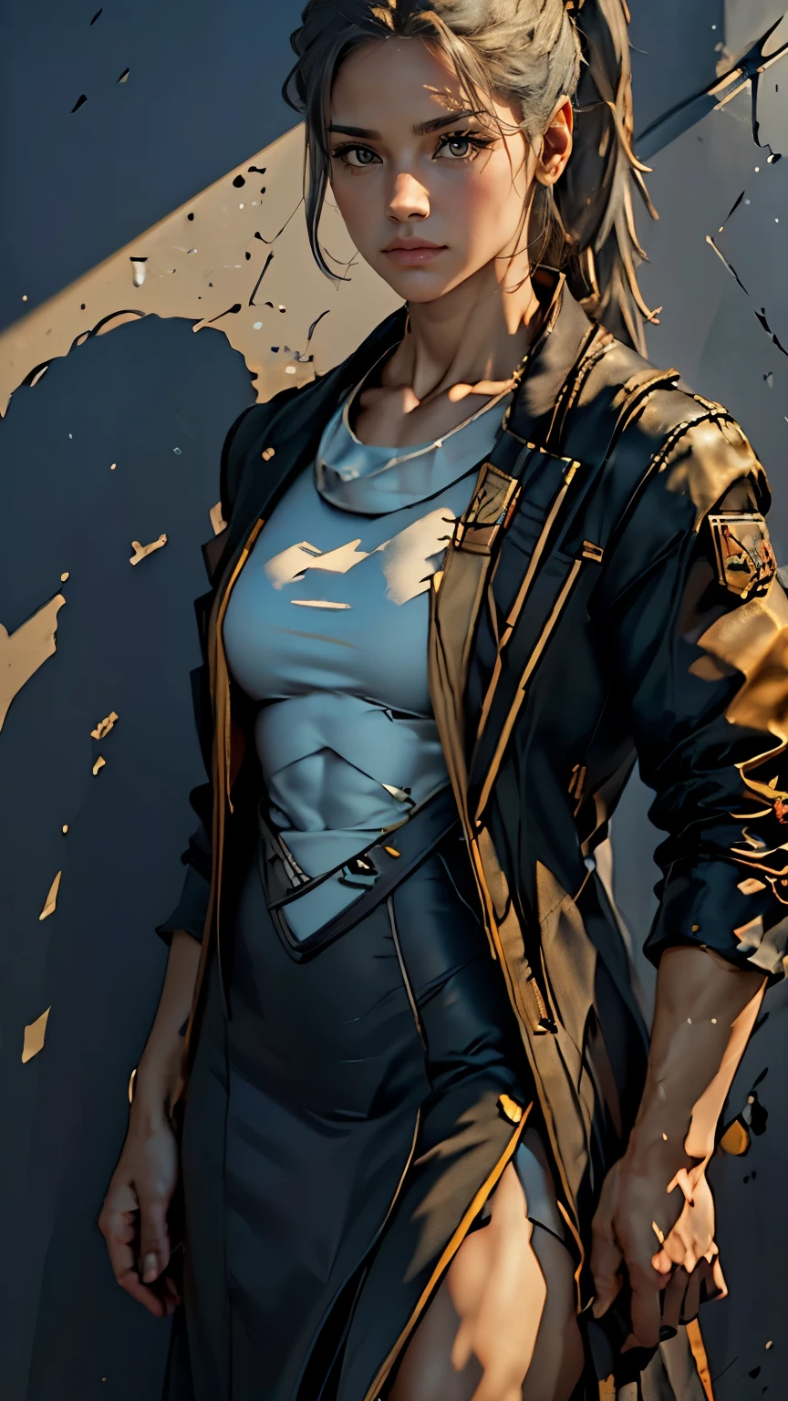 (best quality,4k,8k,highres,masterpiece:1.2),ultra-detailed,(realistic,photorealistic,photo-realistic:1.37),pixel art,1girl,greyhair,ponytail,jacket, dress,muscular female,simple gold color background,death stare,