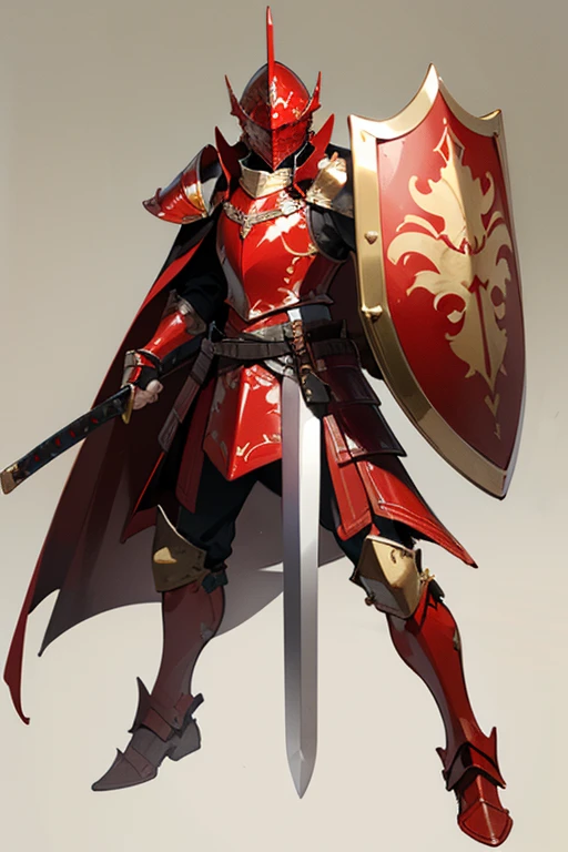 ((highest quality)), ((masterpiece)), (Familiar), One man,Fantasy,Red Knight,Full Body Armor,Full-face helmet,Red Armor,大sword,Red Armor,Golden decoration,White pattern,sword,Cape,shield