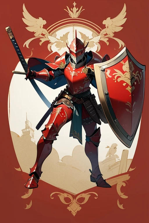 ((highest quality)), ((masterpiece)), (Familiar), One man,Fantasy,Red Knight,Full Body Armor,Full-face helmet,Red Armor,大sword,Red Armor,Golden decoration,White pattern,sword,Cape,shield