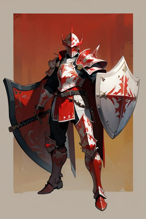 ((highest quality)), ((masterpiece)), (Familiar), One man,Fantasy,Red Knight,Full Body Armor,Full-face helmet,Red Armor,大sword,Red Armor,Golden decoration,White pattern,sword,Cape,shield