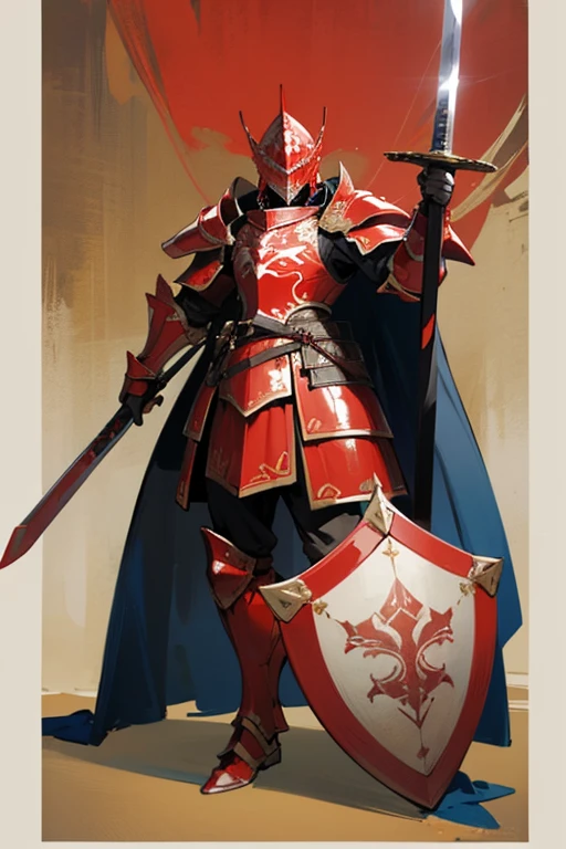 ((highest quality)), ((masterpiece)), (Familiar), One man,Fantasy,Red Knight,Full Body Armor,Full-face helmet,Red Armor,大sword,Red Armor,Golden decoration,White pattern,sword,Cape,shield