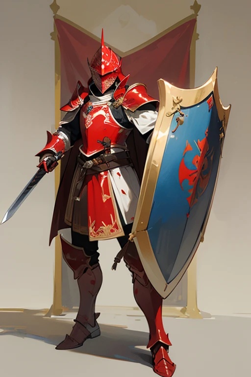 ((highest quality)), ((masterpiece)), (Familiar), One man,Fantasy,Red Knight,Full Body Armor,Full-face helmet,Red Armor,大sword,Red Armor,Golden decoration,White pattern,sword,Cape,shield