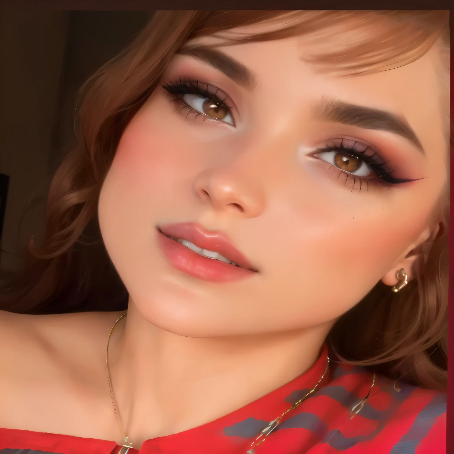 hay una mujer con un collar y una camisa roja, con maquillaje profesional, cara sexy con maquillaje completo, imagen de perfil, lorena avarez, headshot foto de perfil, mirada sensual, maquillaje espeso y elegante, alani guillen, usando maquillaje profesional, en maquillaje profesional, inspired by Gina Pellón, foto de perfil, inspired by Gloria Muñoz
