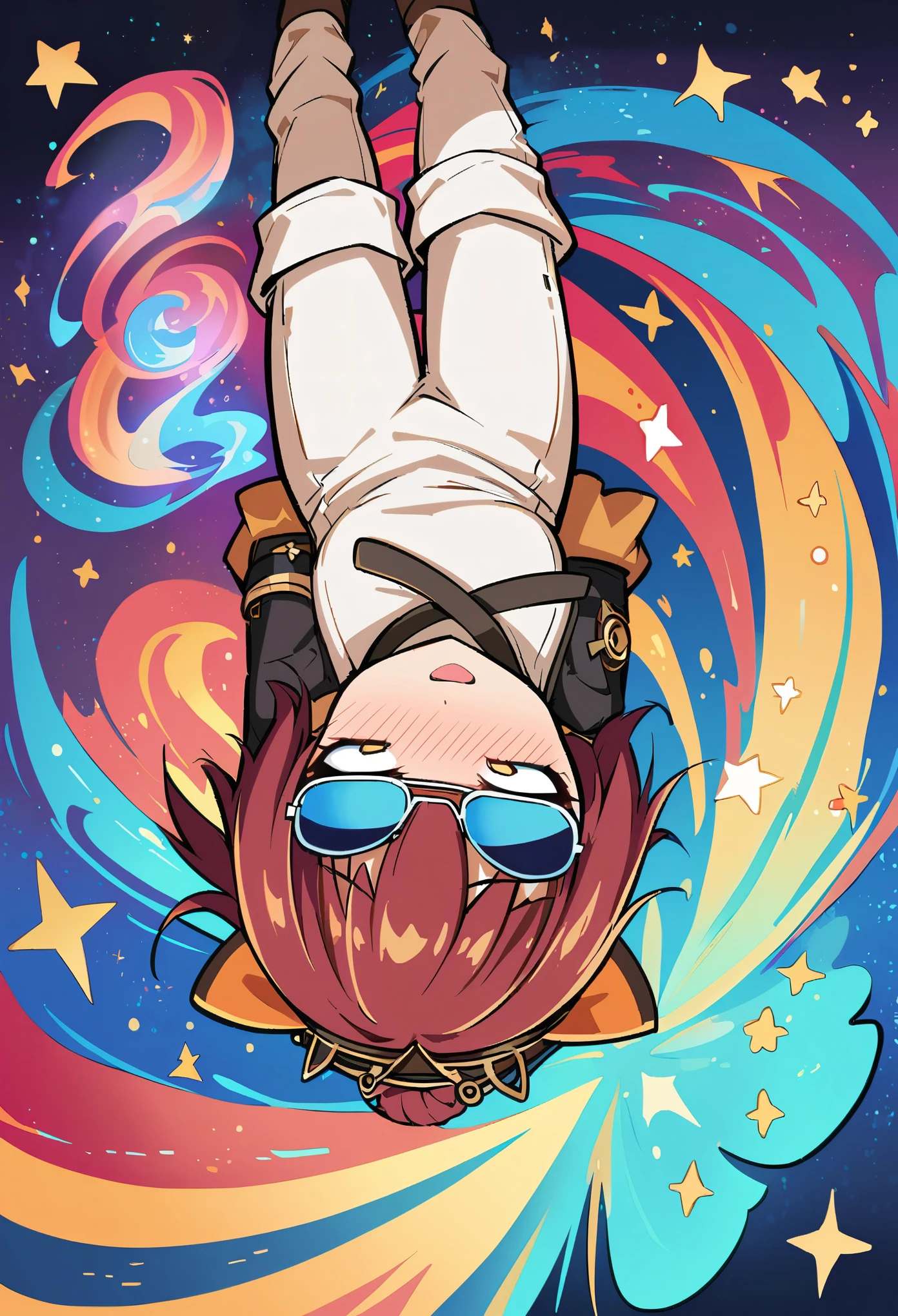 steampunk, chibi, harry potter, rolling eyes, nose blush, french braid, aviator sunglasses, turtleneck jacket, loose socks, red panda tail, on back, gill support, bed, genshin impact, (starry tornado:1.4), starry Nebula, beautiful detailed sky